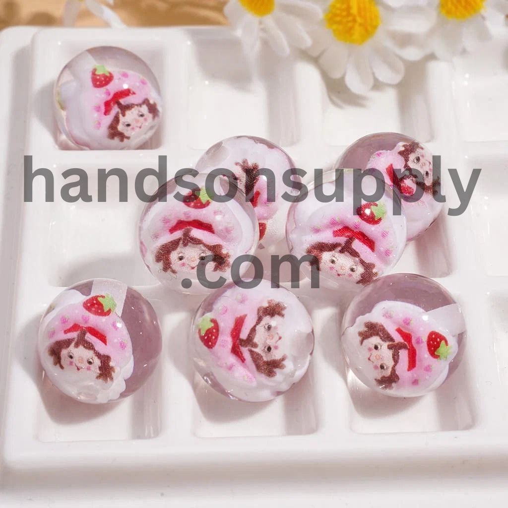 Round Clear Acrylic Beads for Bracelets with Berry Girl Character Embedded Inside Bead, 16MM