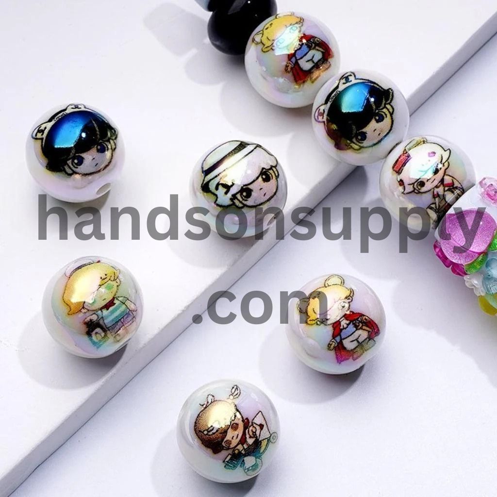 Cute Boy Girl Baby White Round UV Coating Acrylic Beads, 16MM, Random Mix