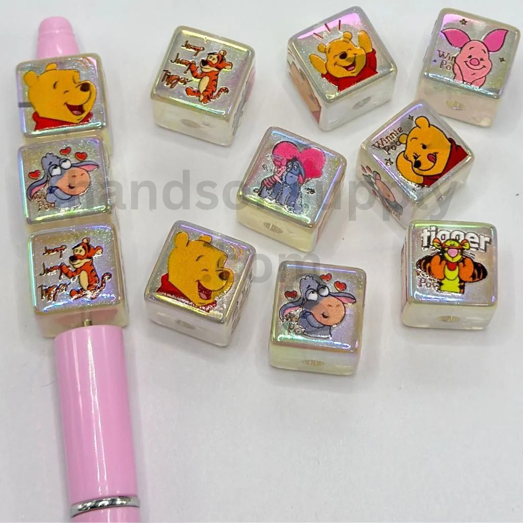 Glittery Cube Acrylic Beads with Cute Cartoon Bear & Honey Bear Faces 16mm