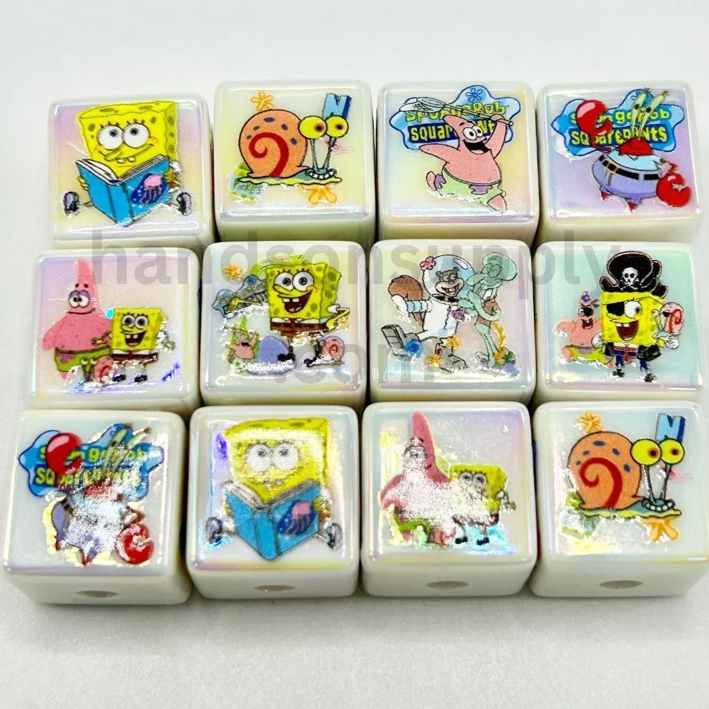 Cute Sponge Cartoon Character Cube Acrylic Beads, 16mm, Random Mix