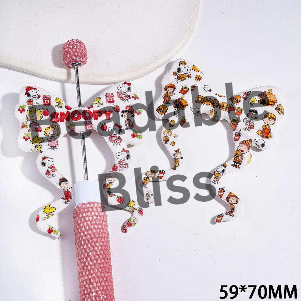 Printed PVC Soft Rubber Beads, Bowknot with Long Ribbon & Beagle Dog Yellow Bird Boy Characters Patterns, 59*70MM, Random Mix