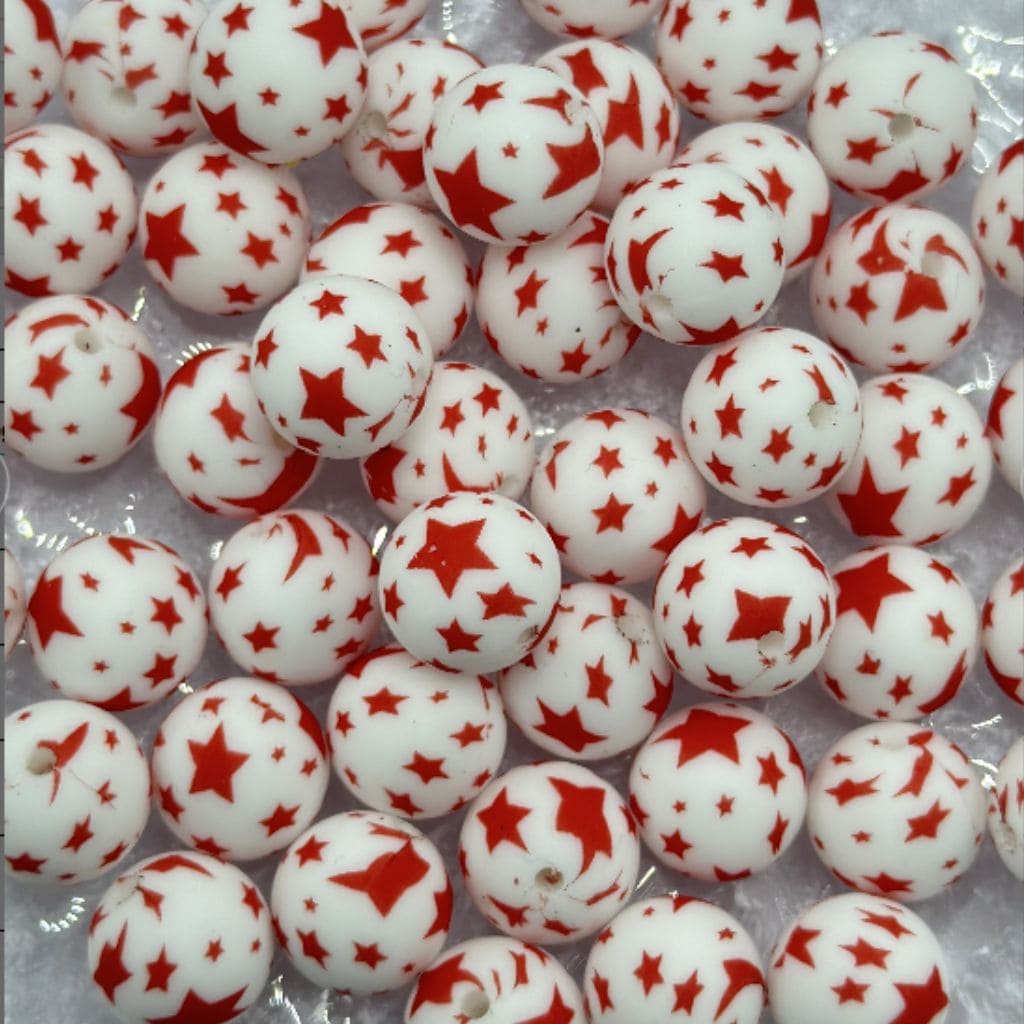 White Background Red Star Printed Round Shape Printed Silicone Beads 15mm