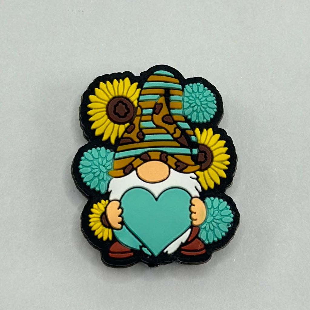 Teal Heart Gnome with a Yellow Sunflower & Aztec Flower Silicone Focal Beads