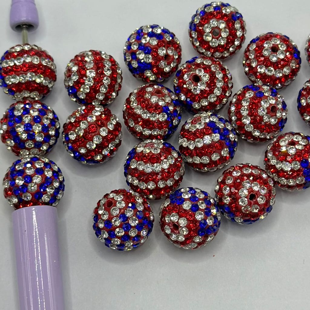 USA Flag Clay Beads with Rhinestones US Patriotic 16mm