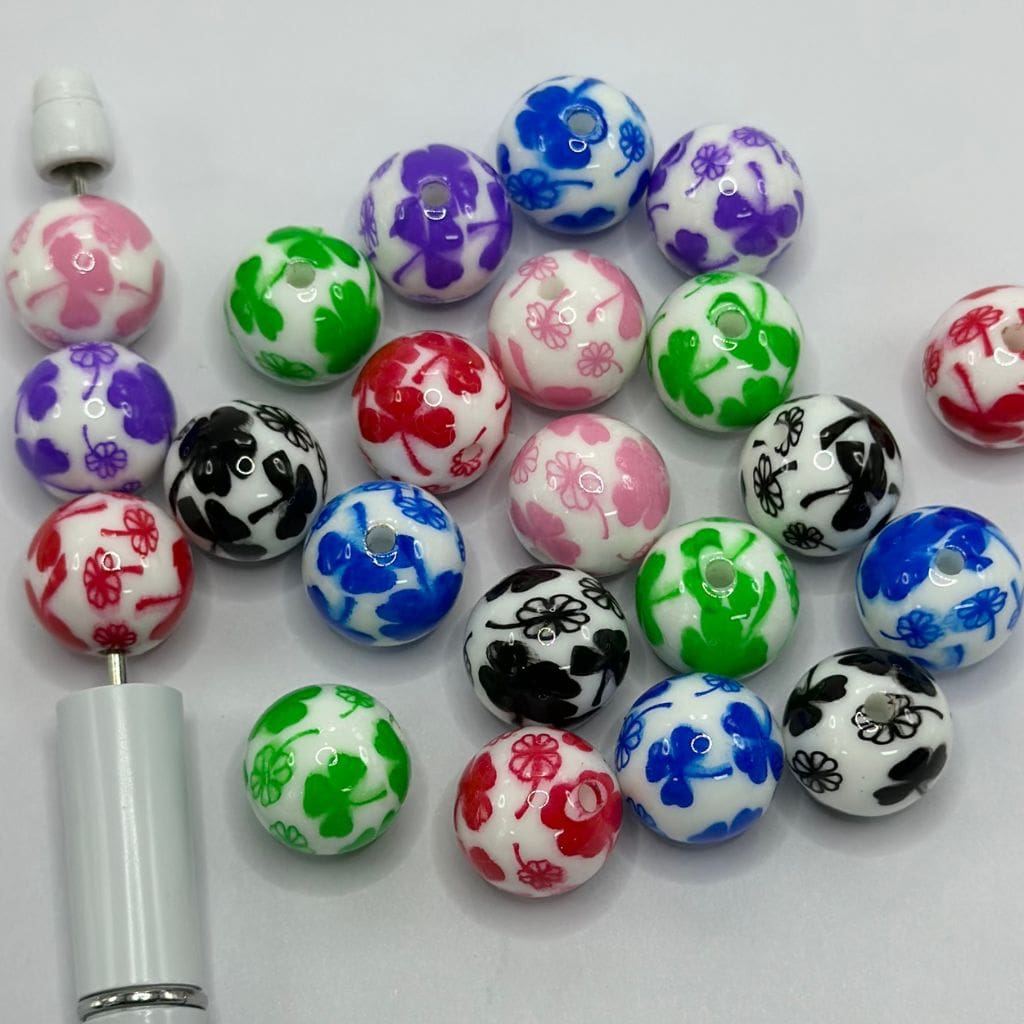 White Background Shamrock with Lucky Leaf Clover Acrylic Beads in Various Colors 16mm
