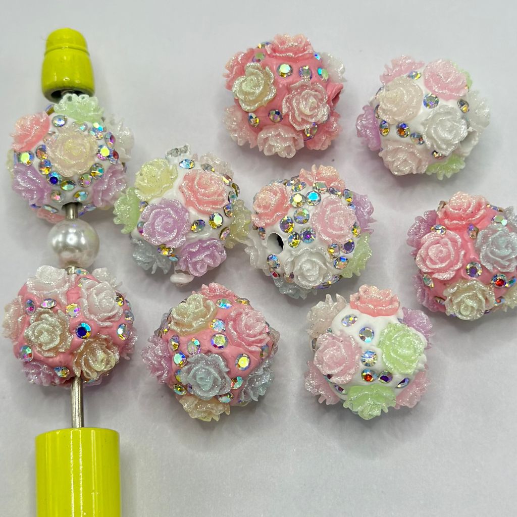 Multicolor Glittery Roses in Light Pastel Colors with Elegant Style Clay Beads and Ab Color Rhinestones 18mm Random Mix