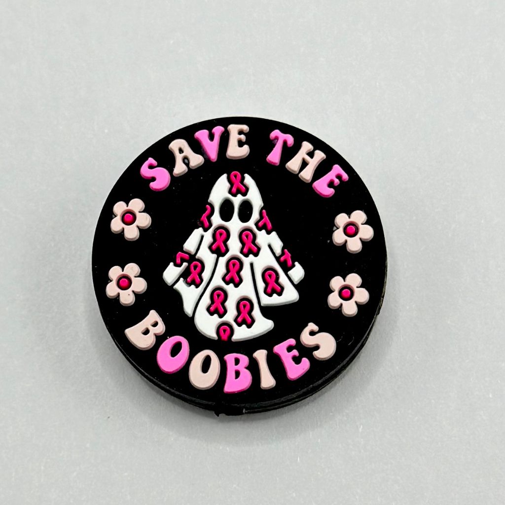 Save the Boobies, Breast Cancer Ribbon Bowtie, Round Silicone Focal Beads