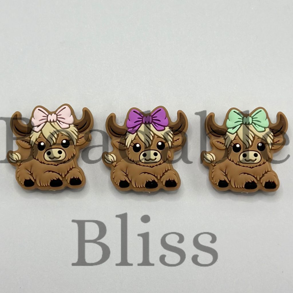 Brown Cow Silicone Beads, Mix of Brown Highland Cow Calves Bowties Silicone Focal Beads