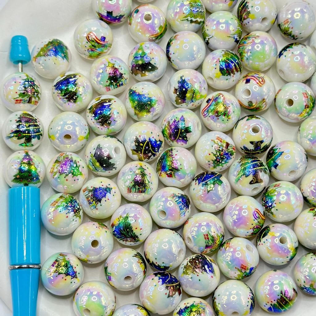 Christmas Tree Bright Printed Round Acrylic Beads, 16mm, Random Mix