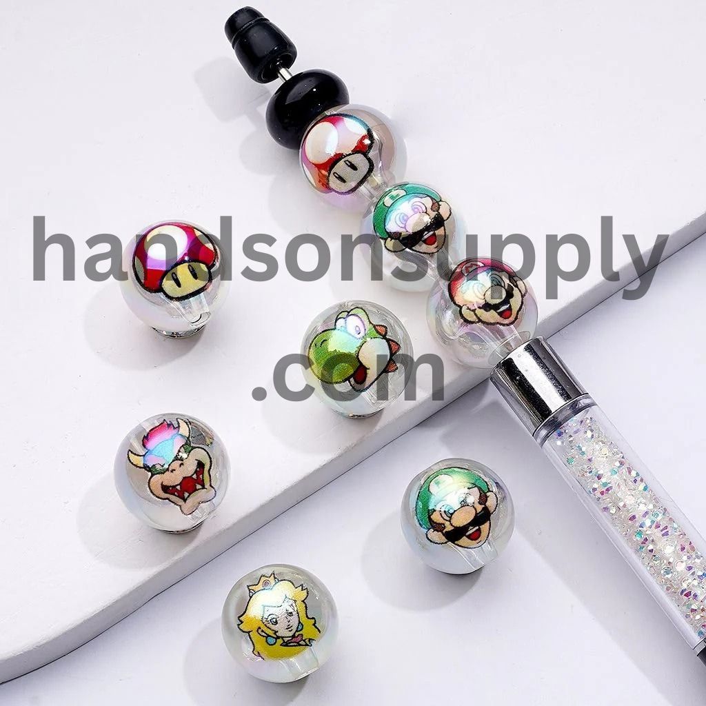 Cute Plumber Character Cartoon Clear Round UV Coating Acrylic Beads, 16MM, Random Mix