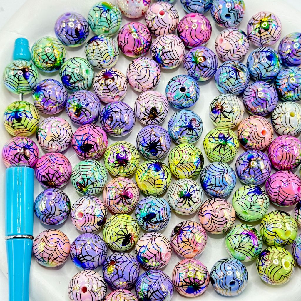 Halloween Spider Net Printed Glossy UV Coating Acrylic Beads, 16mm