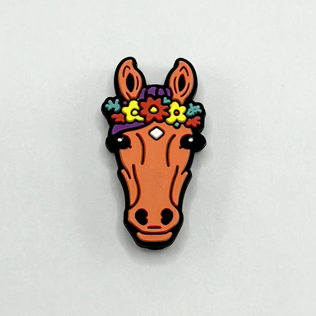 A Brown Cute Horse with Flowers Garland Silicone Focal Beads