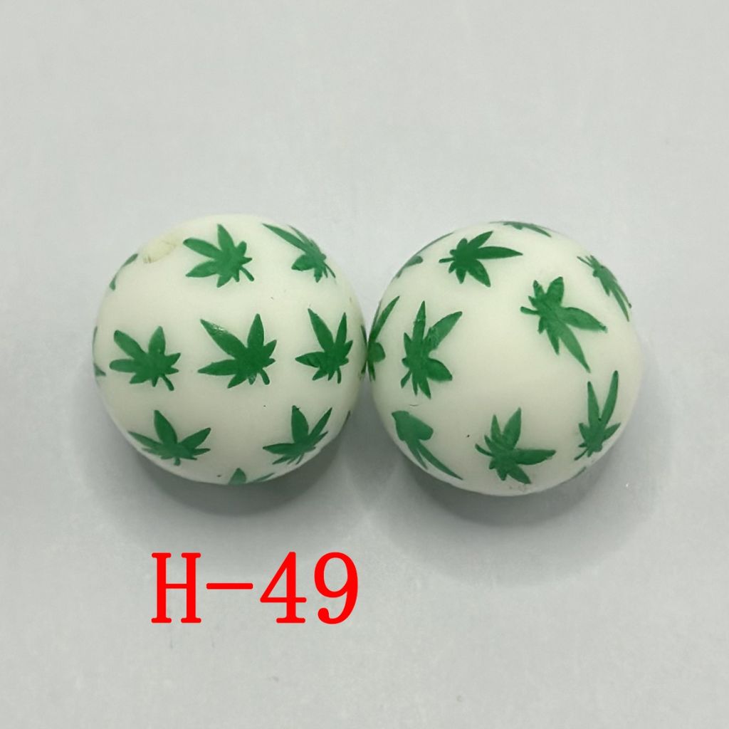 Green Tree Leaf Print White Round Printed Silicone Beads 15mm