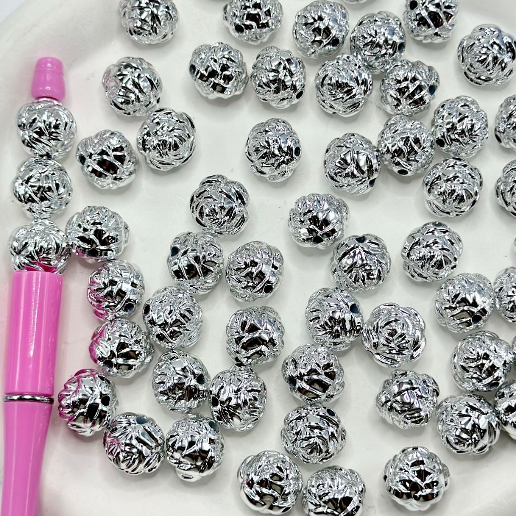 Rose Flower Silver Color Lotus Design Acrylic Beads, 16mm