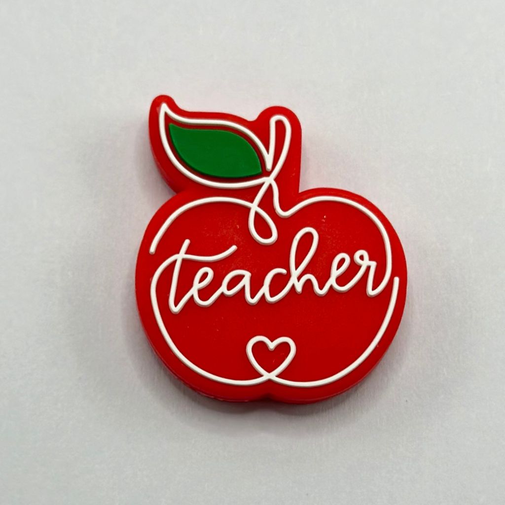Teacher Text and Green Leaf with Red Apple Silicone Focal Beads