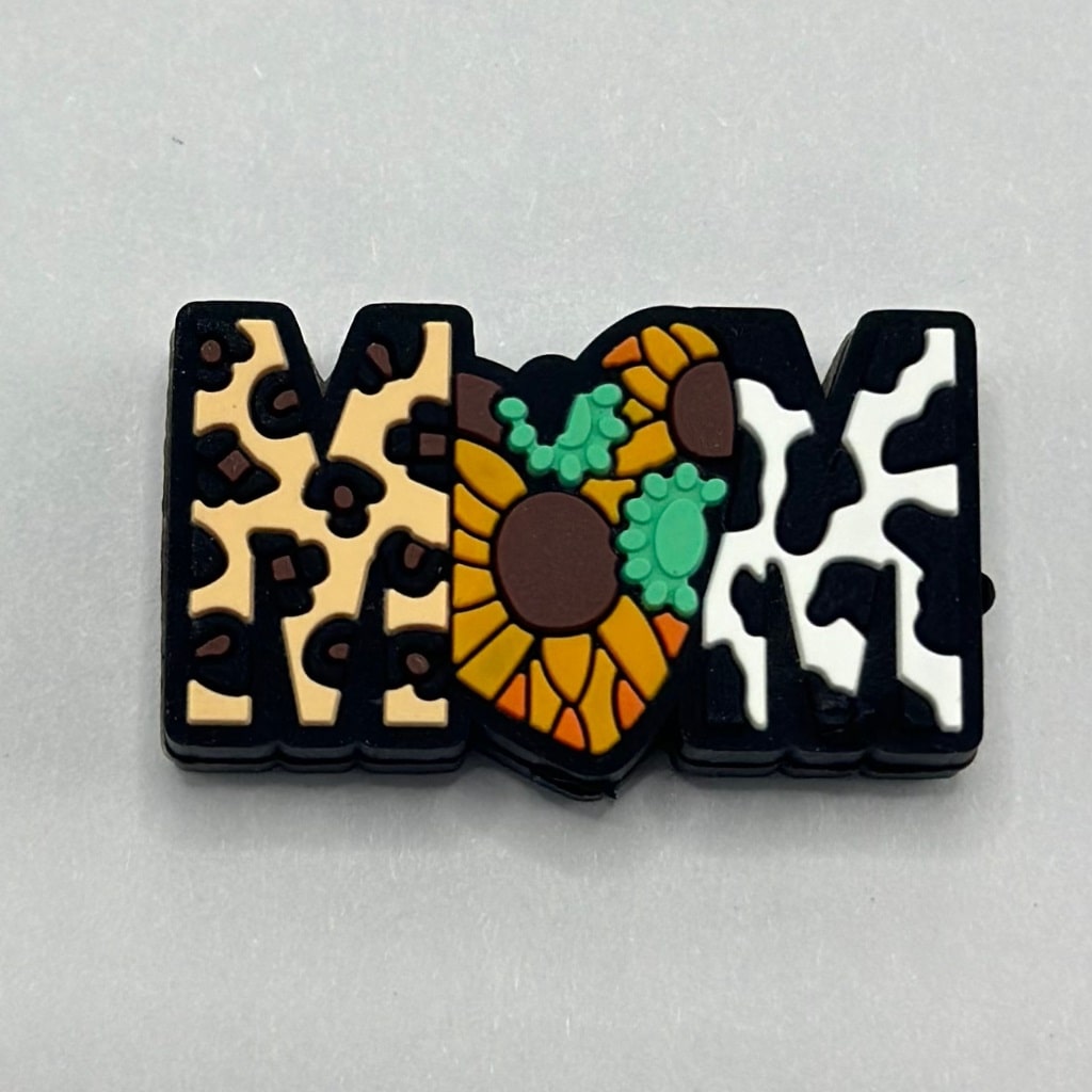 Yellow Sunflower, Aztec, Cow, and Jaguar Print Mom Text Silicone Focal Beads