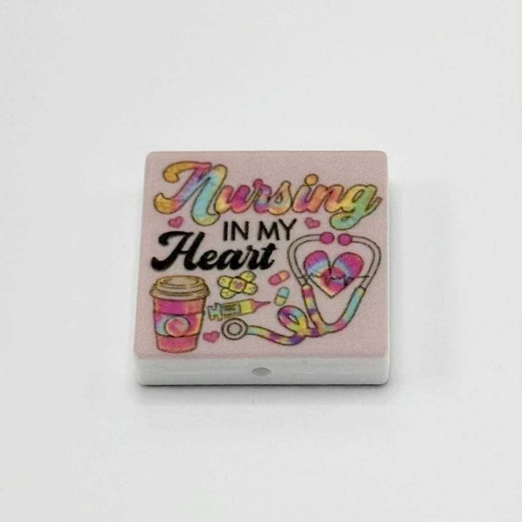 Stethoscope and Pink Heart, Nursing in my Heart with Coffee Cup, Silicone Focal Beads