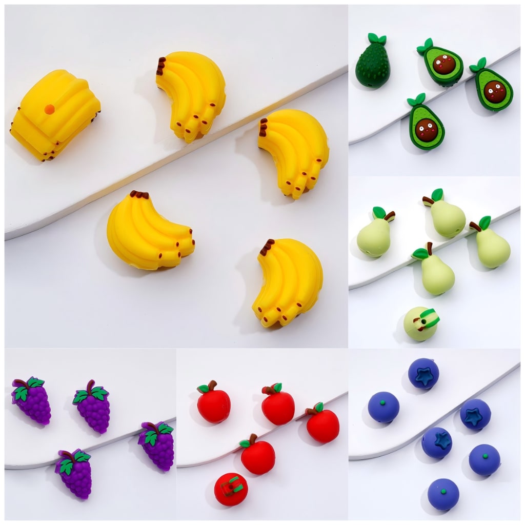Colorful 3D Fruit Silicone Focal Beads Avocado, Pear, Grape & More