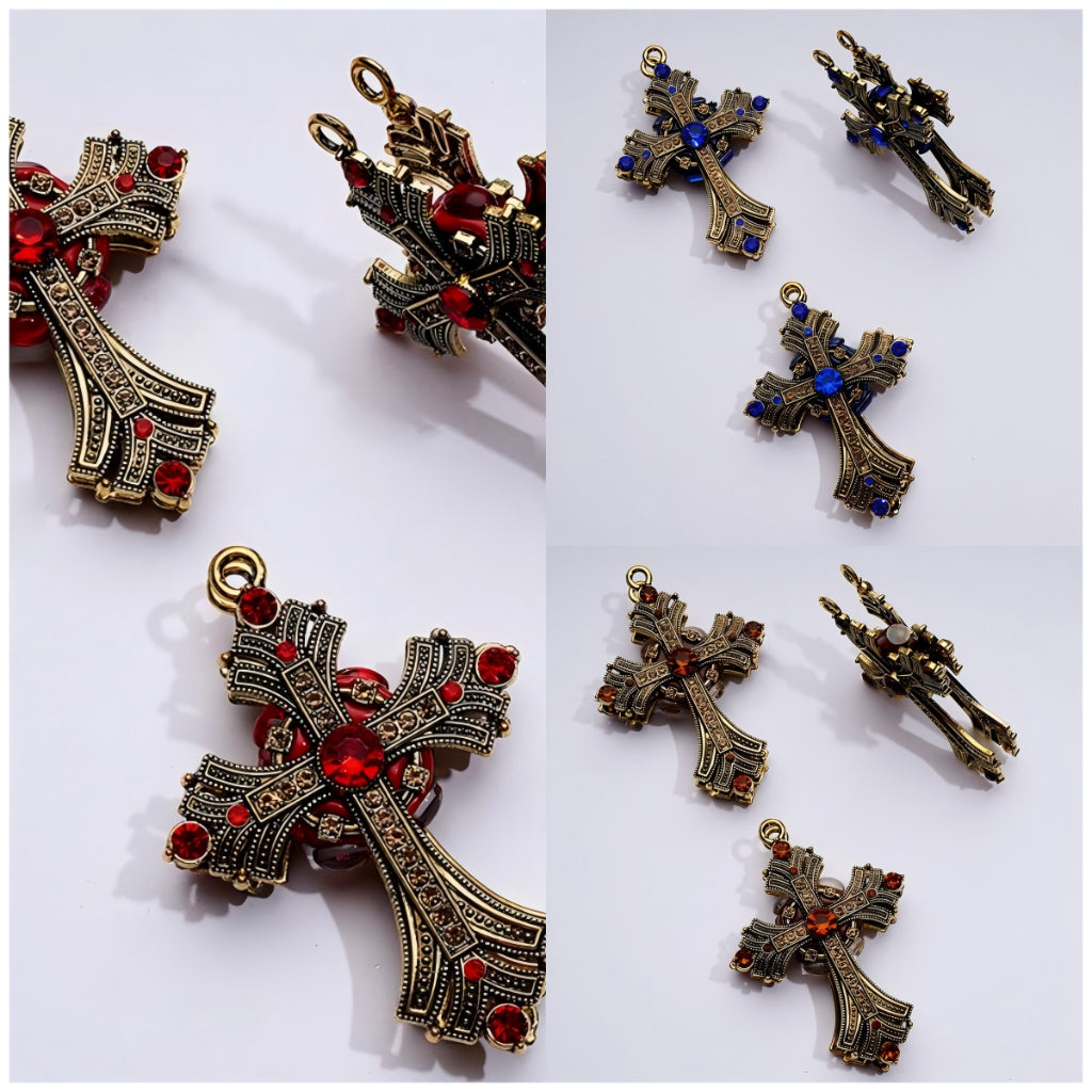 Elegant Dark Gold Alloy Cross with Sparkling Rhinestones, Small Ring & Clay Beads Approx. 74x52MM