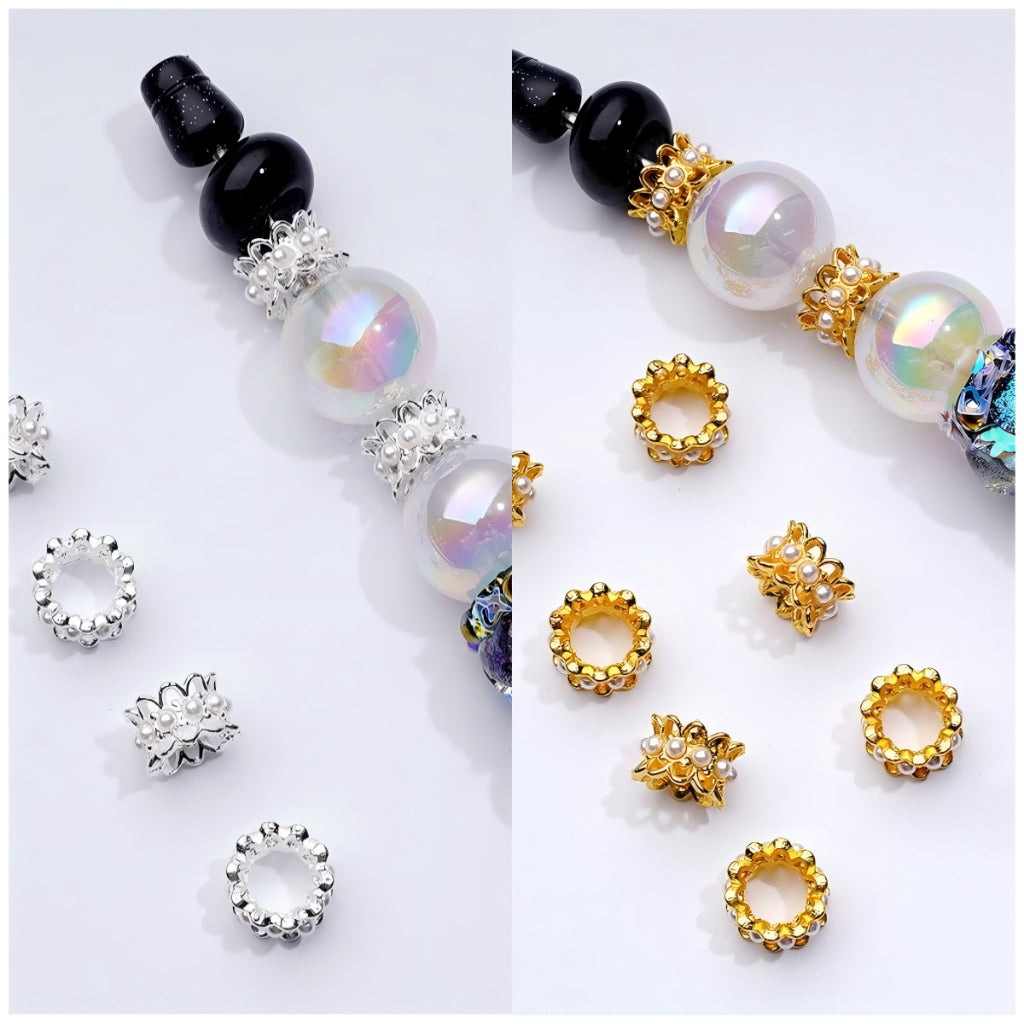 Elegant Mini Spacer Beads in Gold and Silver Metal with White Pearl Chain, 10MM