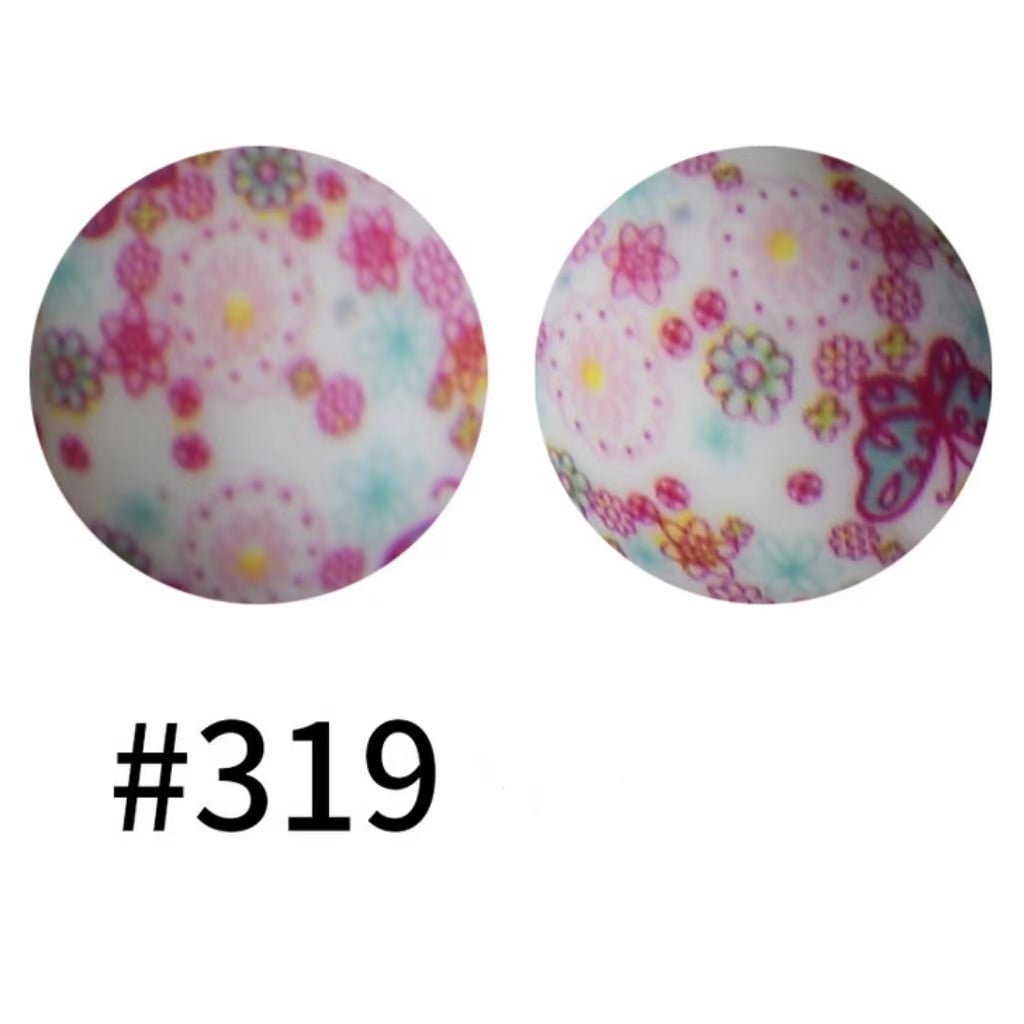 Flowers Butterfly Printed Pink Silicone Beads Number 319