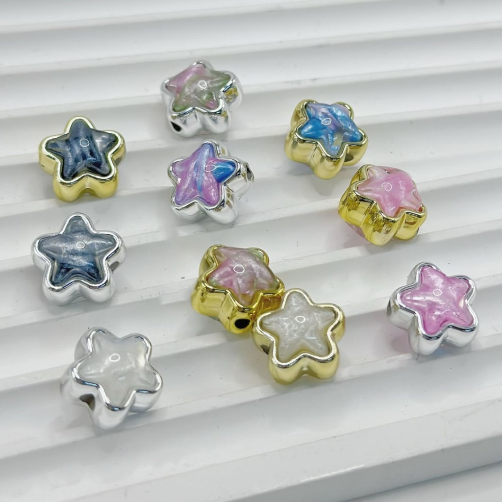 Color Star Gold Silver Acrylic Beads Colorful Rhinestone Inside, 14MM