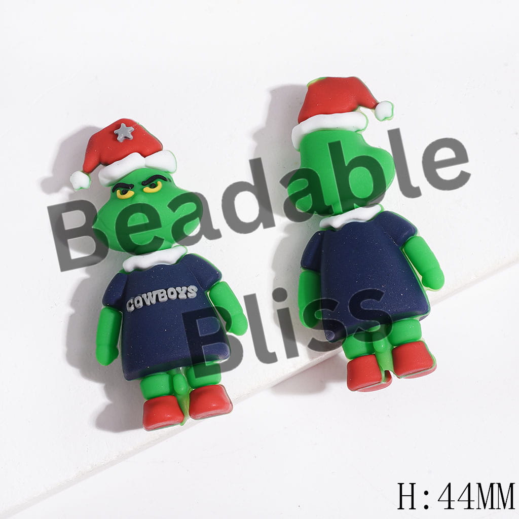3D Green Character Wearing Red Christmas Hat & Dress & Shoes Silicone Focal Beads, Dallas Football Team, Height 44MM