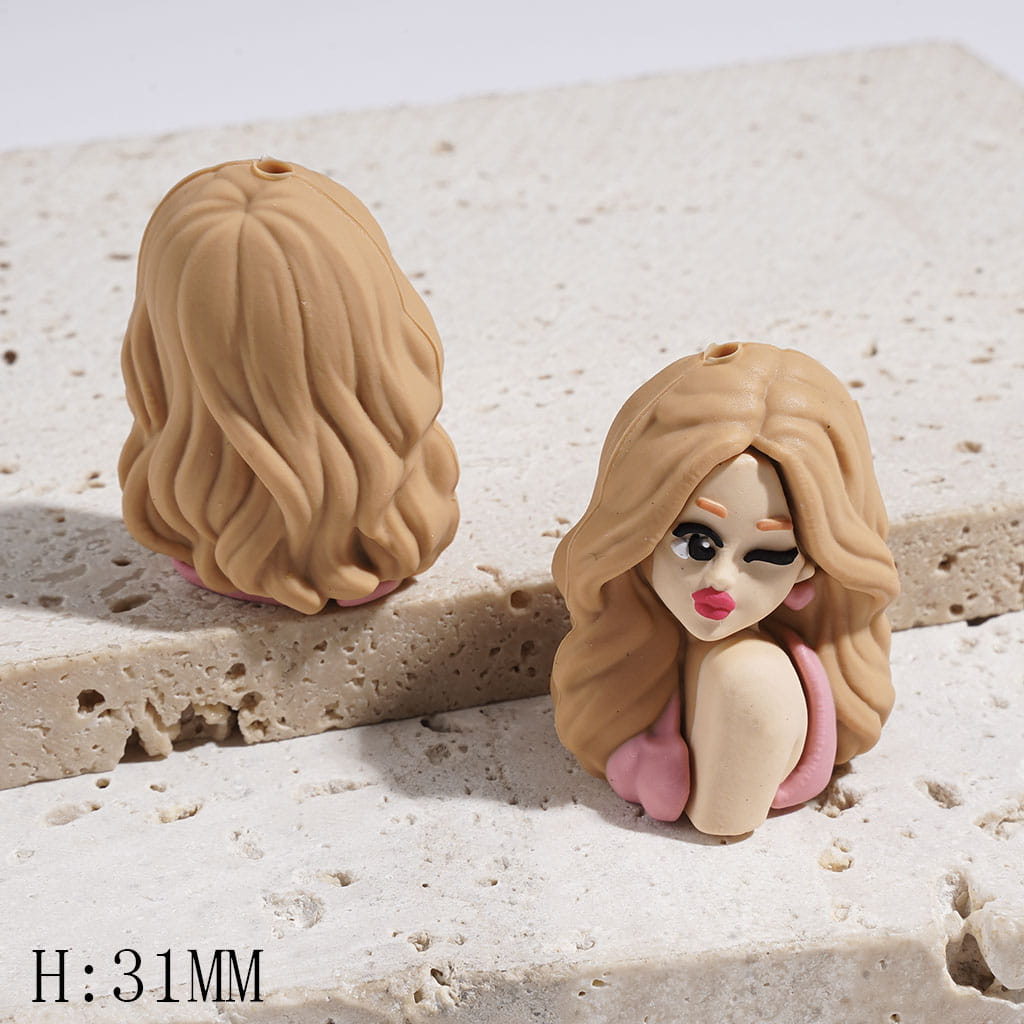 3D Beautiful Girl with Yellow Wavy Hair Silicone Focal Beads, 31MM Height