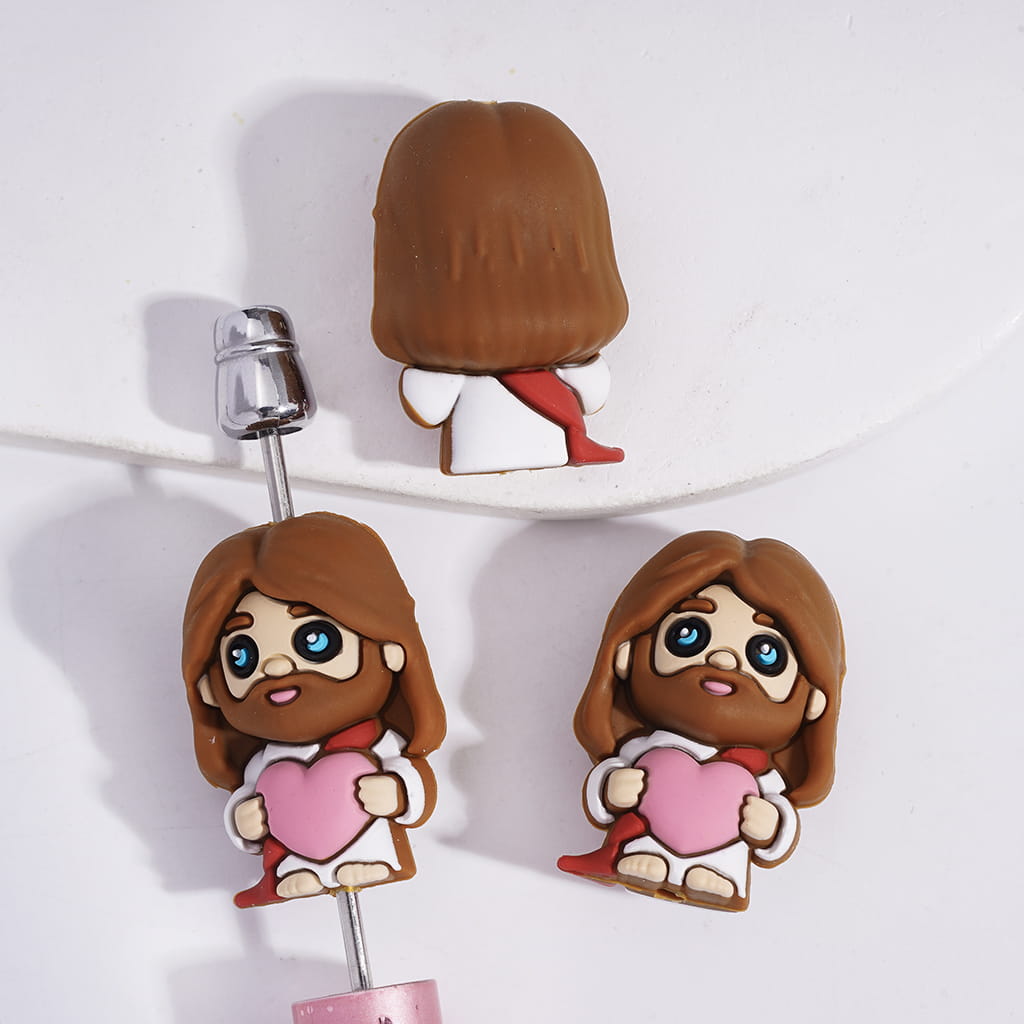 3D Christianity Jesus Holding Pink Heart Silicone Focal Beads