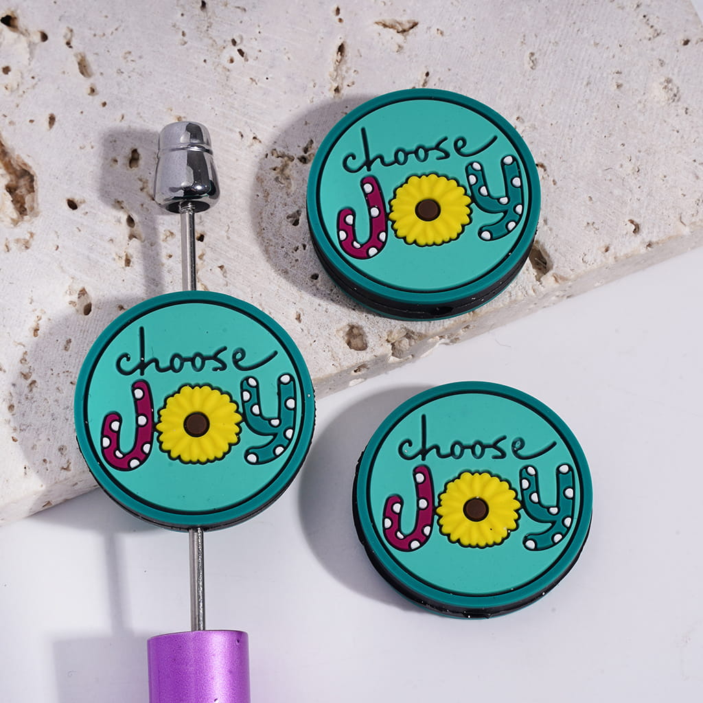 Daisy Flower and “Choose Joy” Text, Flat Round Shape Silicone Focal Beads