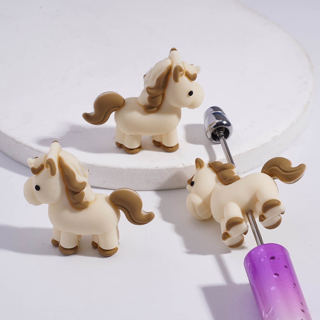 3D Cute Horse Pony Foal in Khaki White Color Silicone Focal Beads