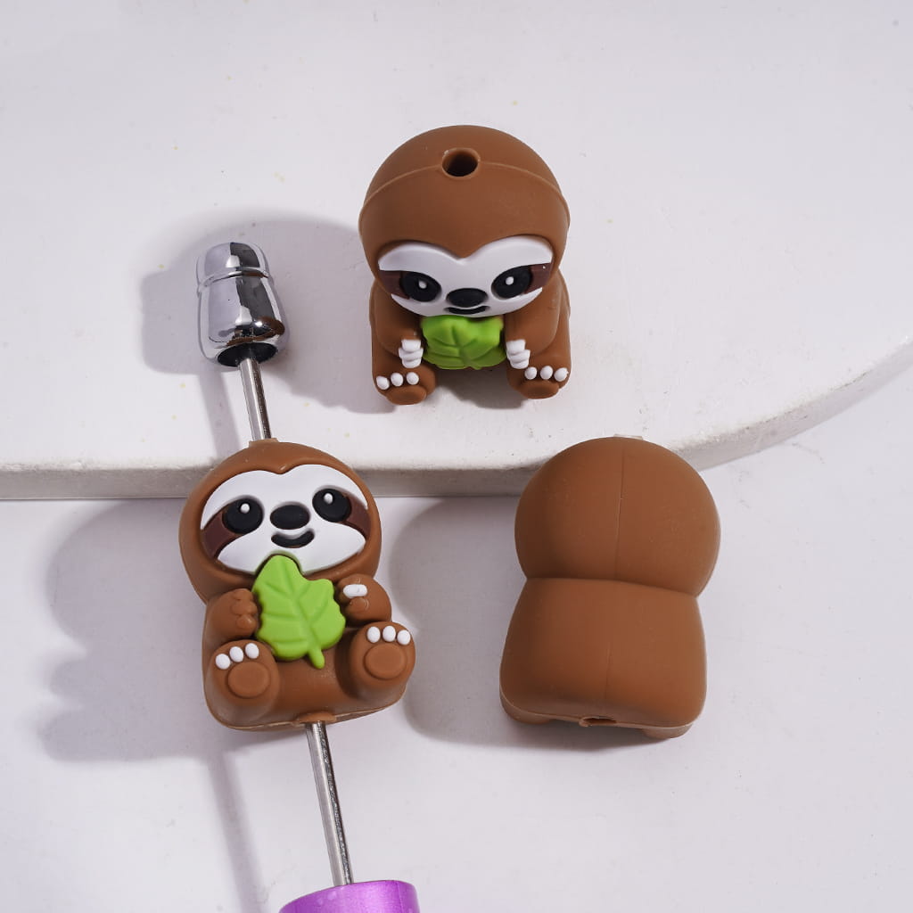 3D Cute Sloth Holding Green Leaf Adorable Animal Character Series Silicone Focal Beads