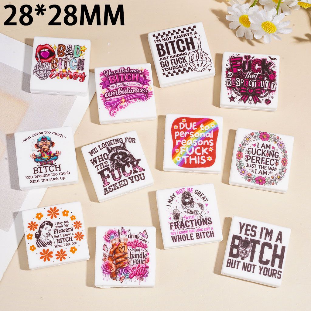 Silicone Focal Beads with Humor Text, Flat Square Shape, 28*28MM Random Mix