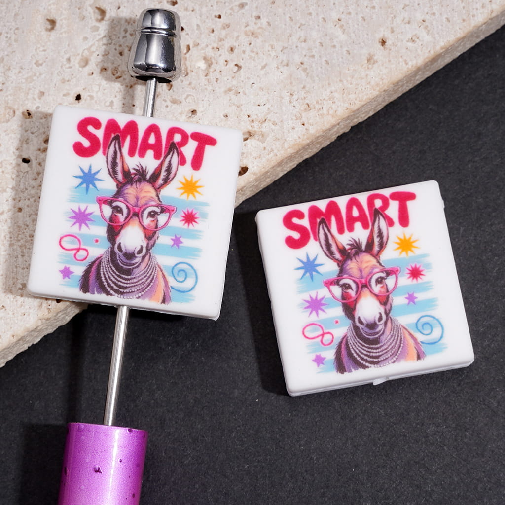 Silicone Focal Beads with Text "SMART" and Donkey Wearing Pink Glasses, Flat Square Shape
