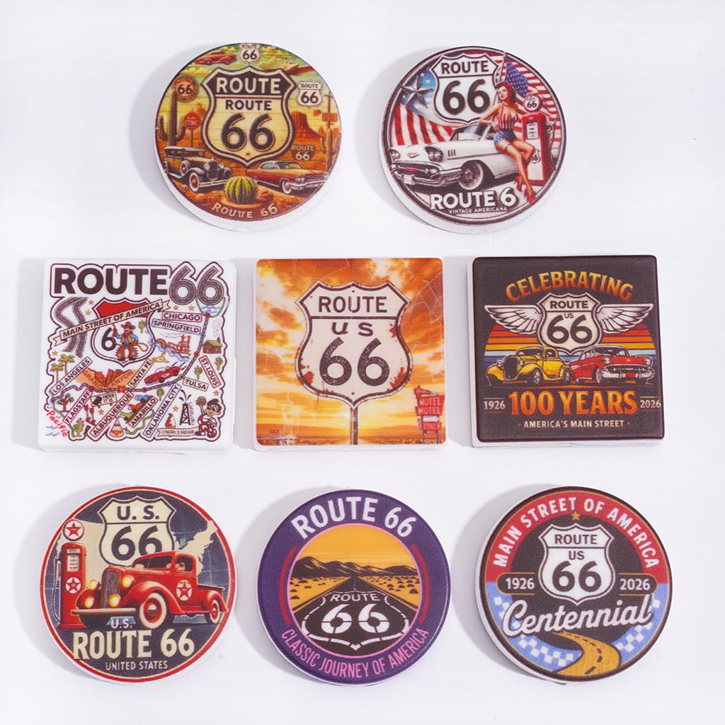 Silicone Focal Beads with The Series of U.S. Route 66 Patterns, Flat Round & Square Shape