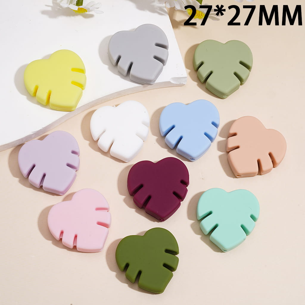 Silicone Focal Beads Heart Shaped Plant Monstera, Multi-Color, Random Mix