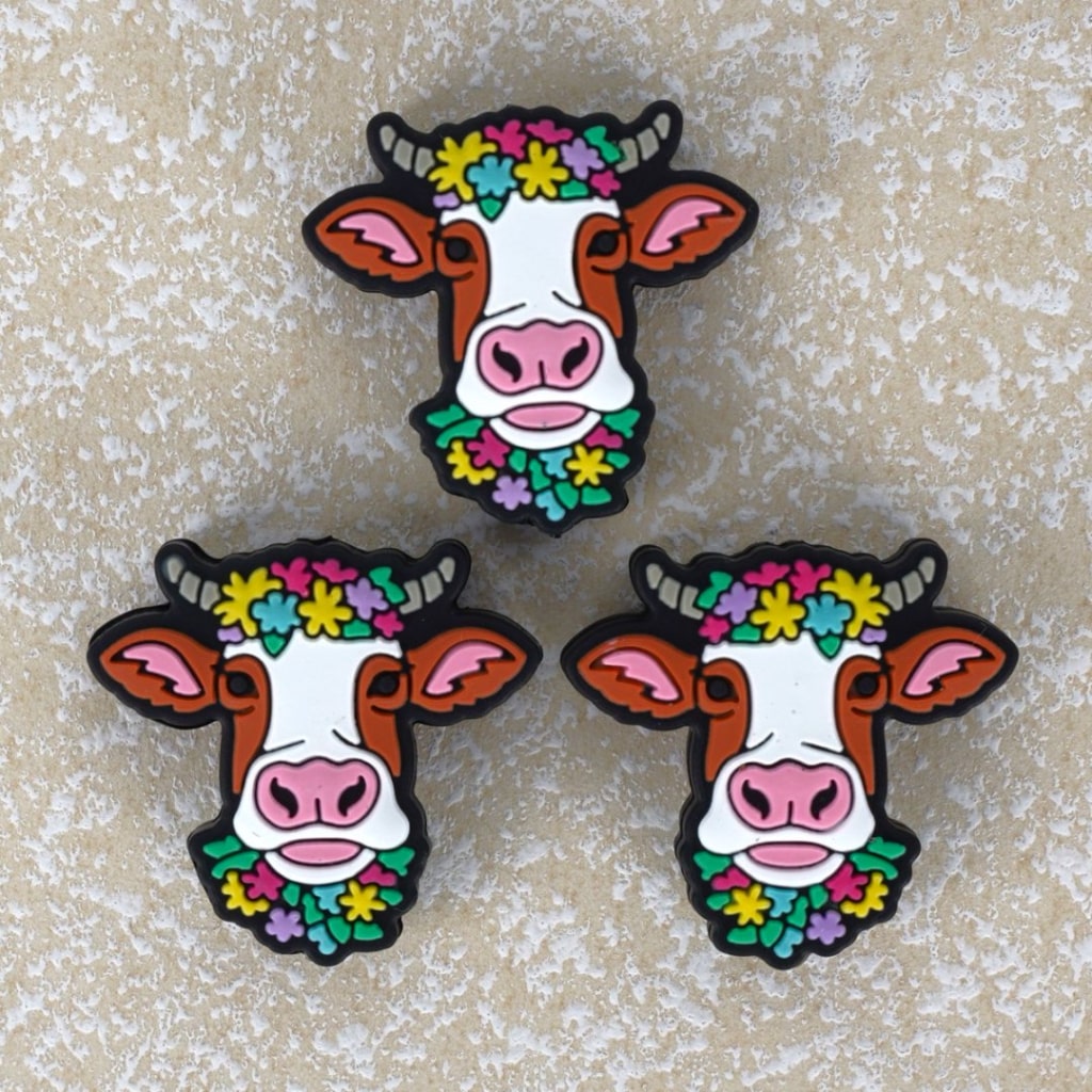 Colorful Mini Cute Cow with Flowers Silicone Focal Beads