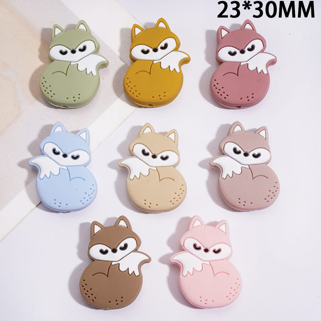 Cute Sleeping Fox with Fluffy Tail Design Silicone Focal Beads 23*30MM, Multi-Color Random Mix