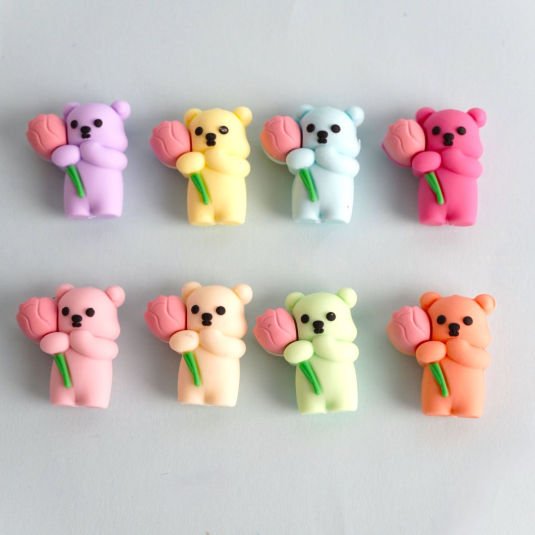 Cute 3D Bears Pink Flowers Hold Silicone Focal Beads, Random Mix
