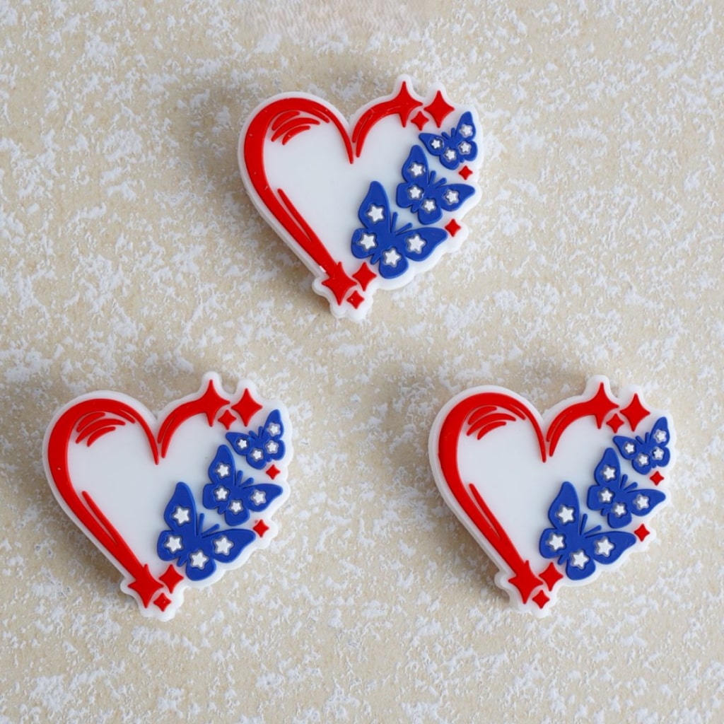 Red, White & Blue American Flag Colors Heart Butterfly Silicone Focal Beads