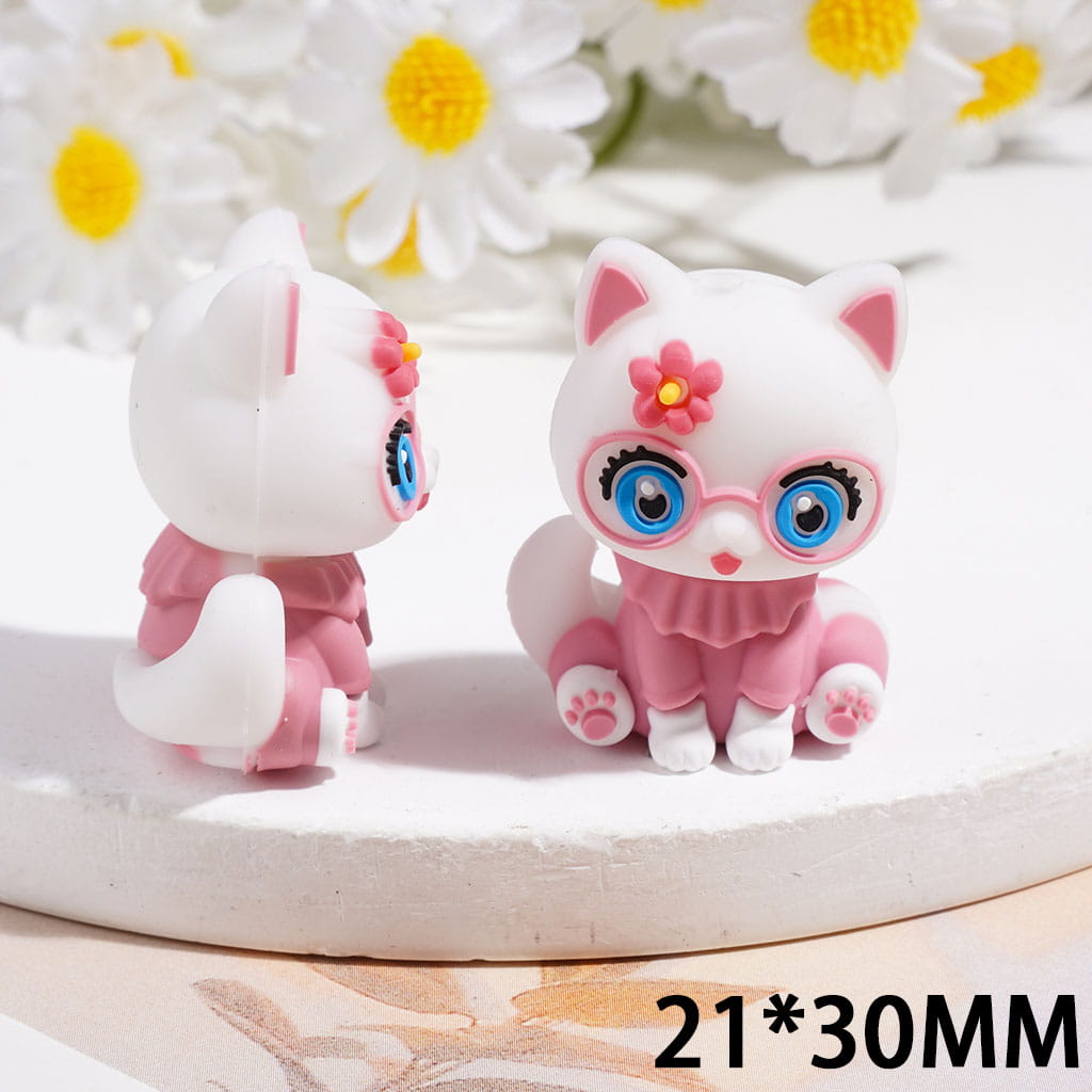 Silicone Focal Beads 3D Lovely Kitten with Pink Glasses and Dress, 21*30MM