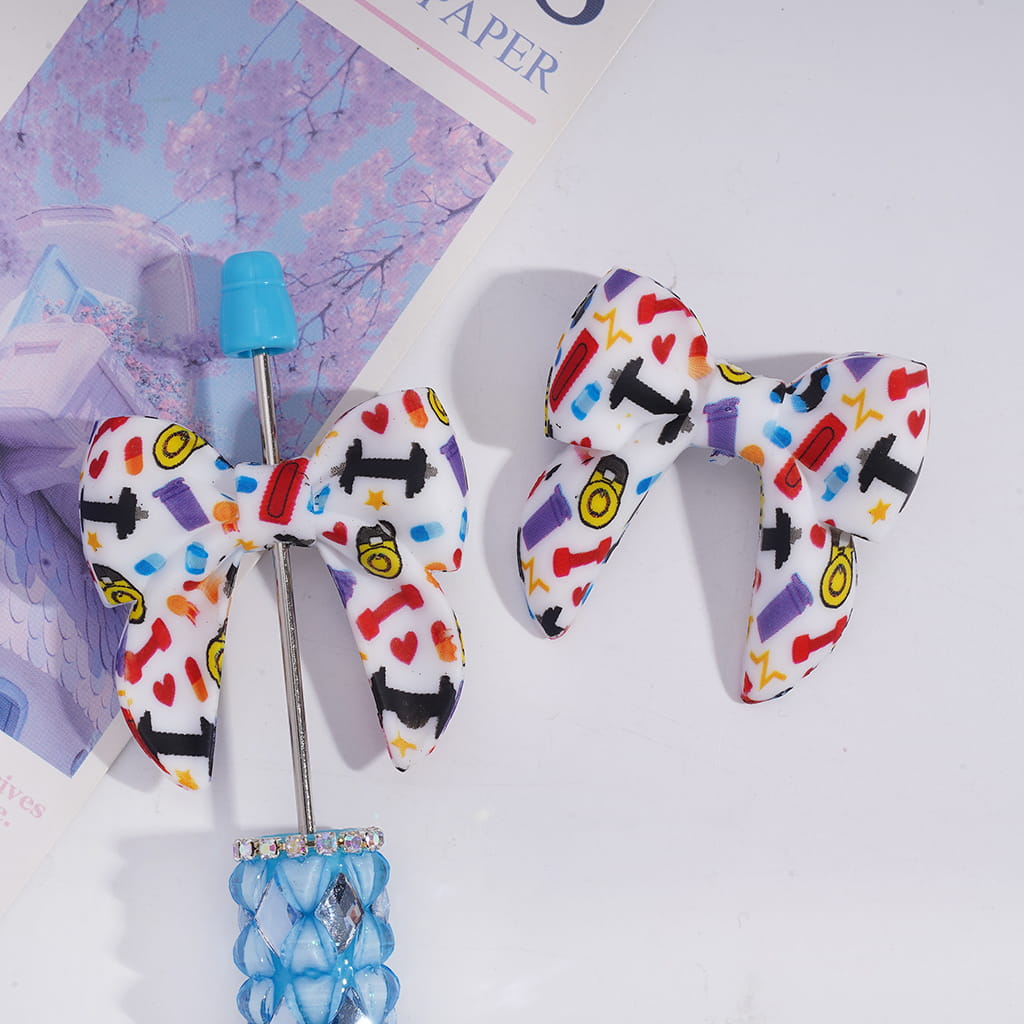 Soft Bowtie with Sports Gym Equipment Prints, Silicone Focal Beads 40MM