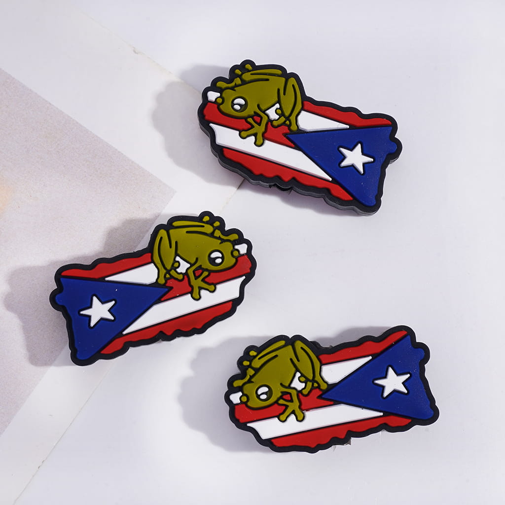 Green Frog on Puerto Rico Flag Design Silicone Focal Beads