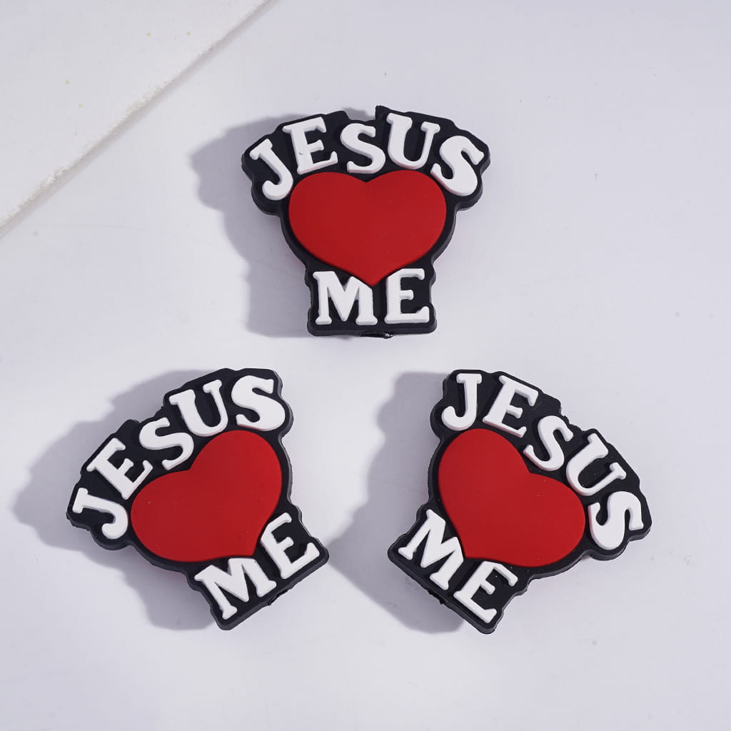 Red Heart with ‘JESUS Love ME’ Christian Faith Design Silicone Focal Beads