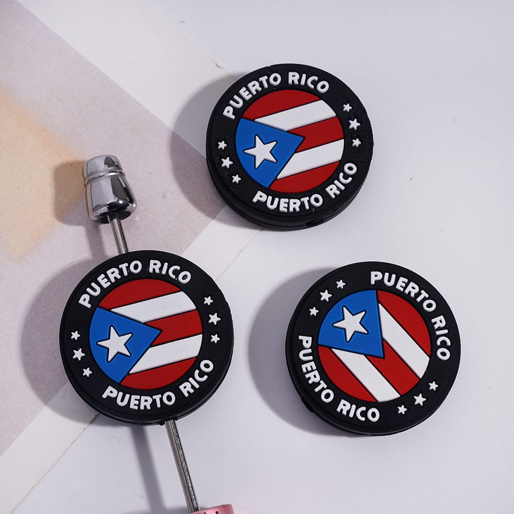 PUERTO RICO Flag Design Flat Round Design Silicone Focal Beads