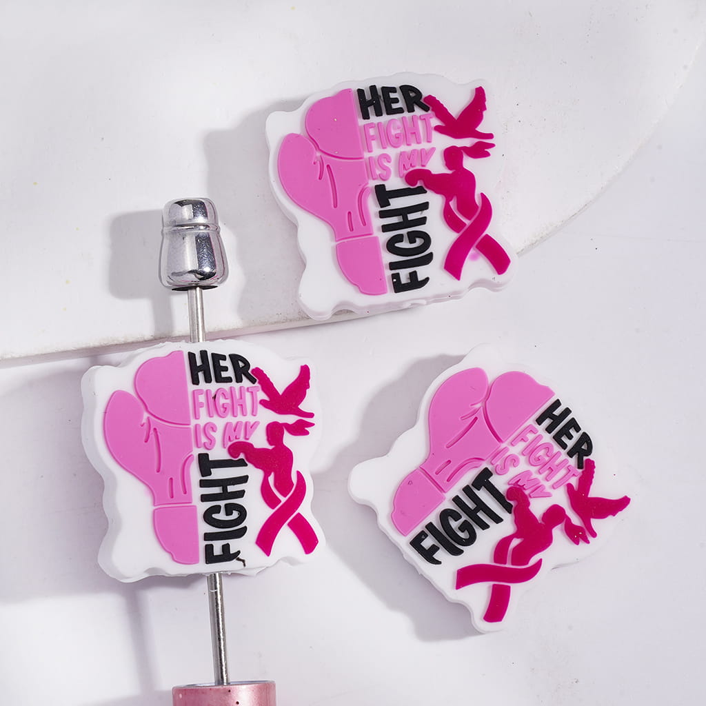 Girl Boxing Glove Breast Cancer Awareness Ribbon with Text "HER FIGHT IS MY FIGHT" Silicone Focal Beads