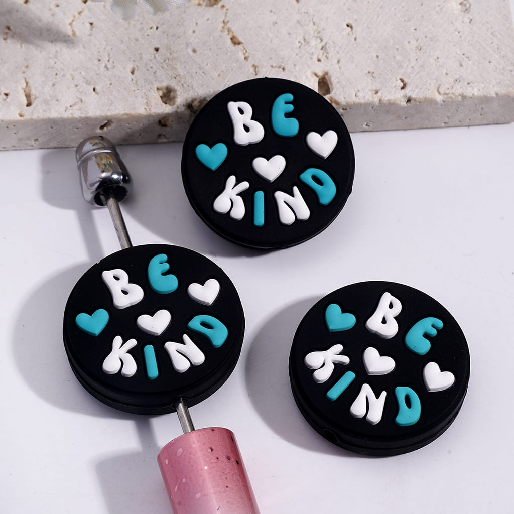 Black Flat Round Shape Silicone Focal Beads with Text "BE KIND" and Heart