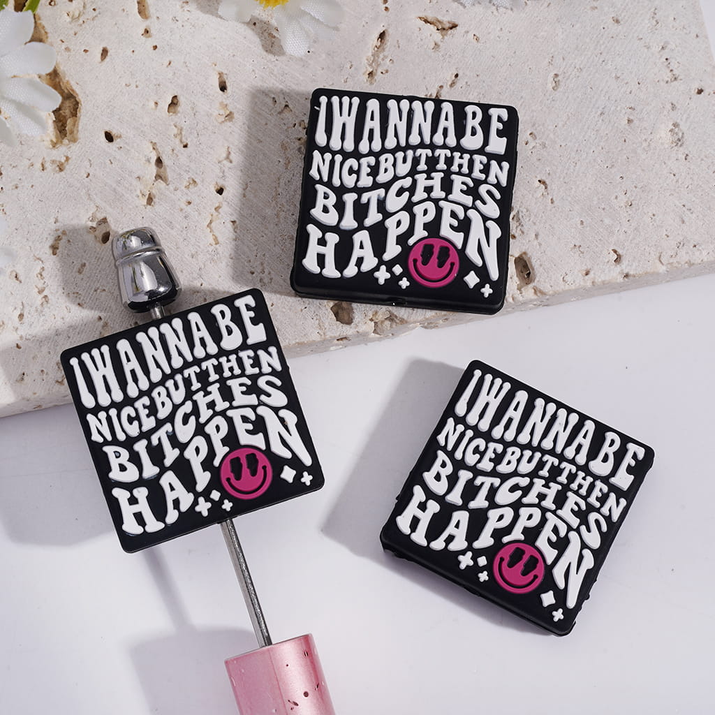 Black Flat Square Shape Silicone Focal Beads with White Text "I WANNA BE NICE BUT THEN HUMOR HAPPEN" with ink Smiling Face