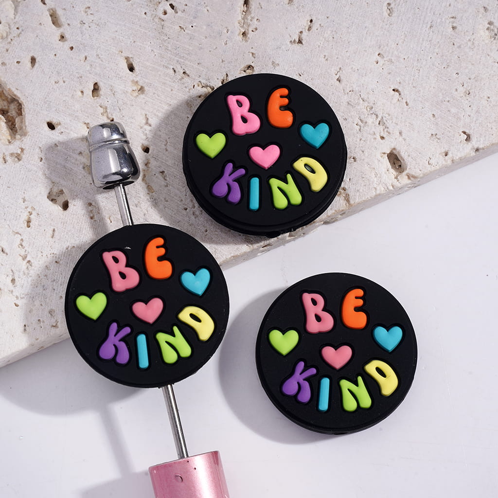 Flat Round Shape Black Silicone Focal Beads with Various Colors Text "BE KIND" and Heart