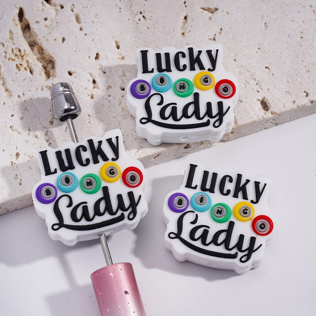 Lucky Bingo Lady Text on White Background Silicone Focal Bead
